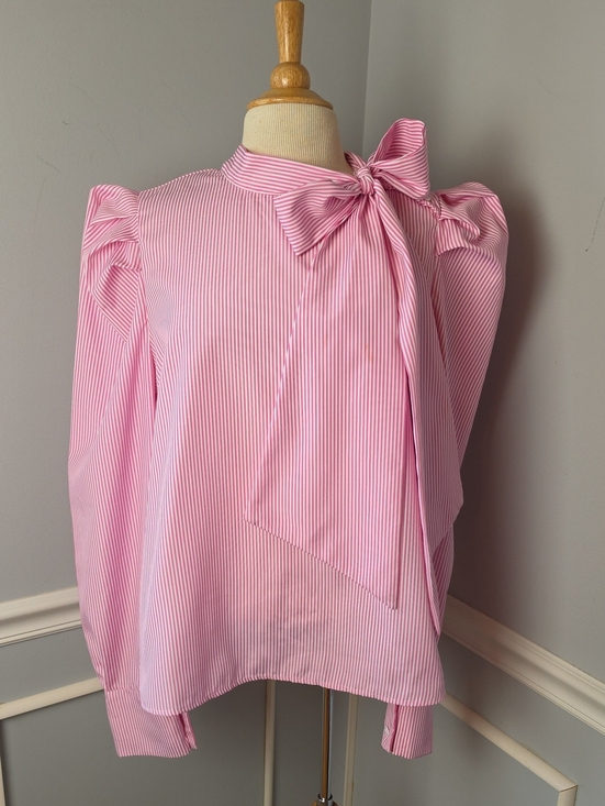 SHEIN Tops - SHEIN Pink White Striped Puff Sleeve Tie Neck Bow Career Office Blouse Top XL